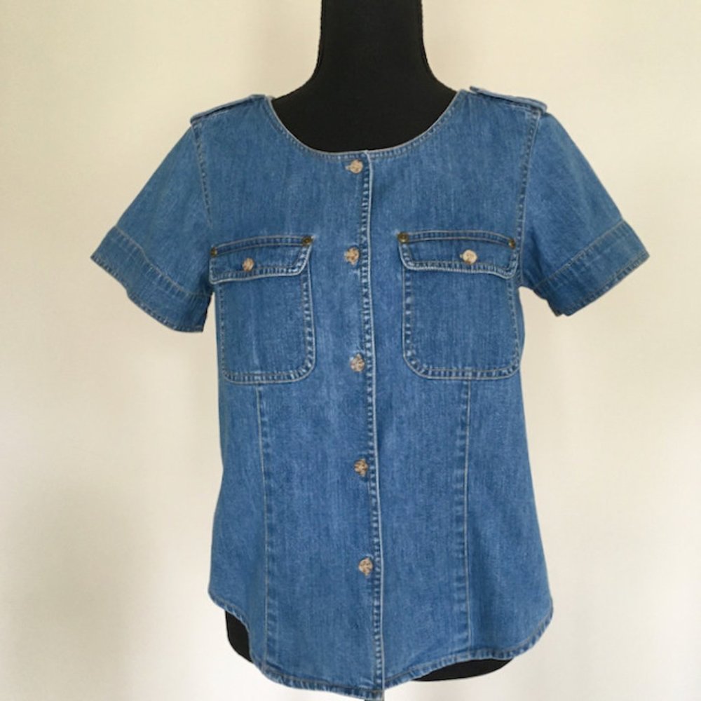 Vintage 90s Liz Claiborne Denim Short Sleeve No Collar Shirt Size Petite Small